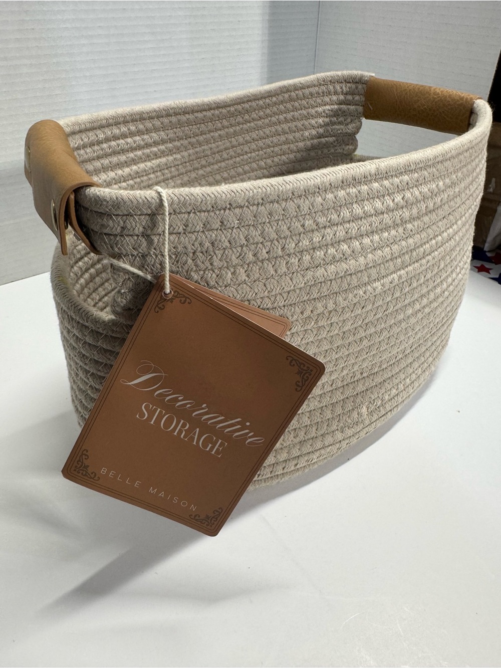 Belle Maison Cream Rope Storage Basket with Tan Handles